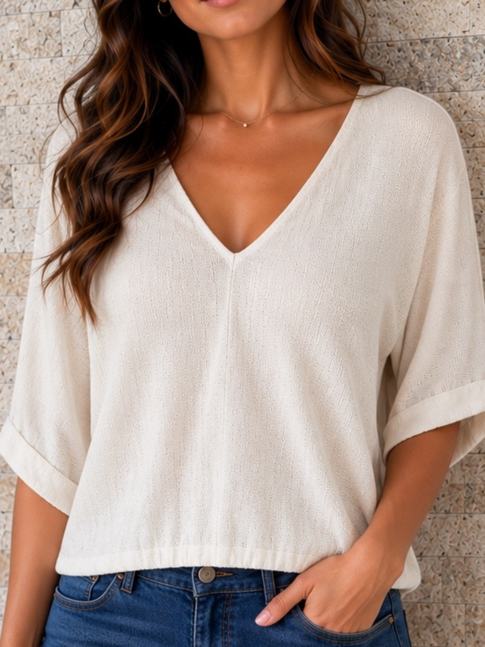Relaxed Cream V-Neck Batwing Blouse 36